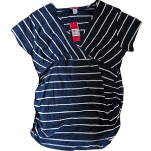 Penelopes Closet Maternity Nursing Shirt 1X Navy Blue Striped Short Sleeve New